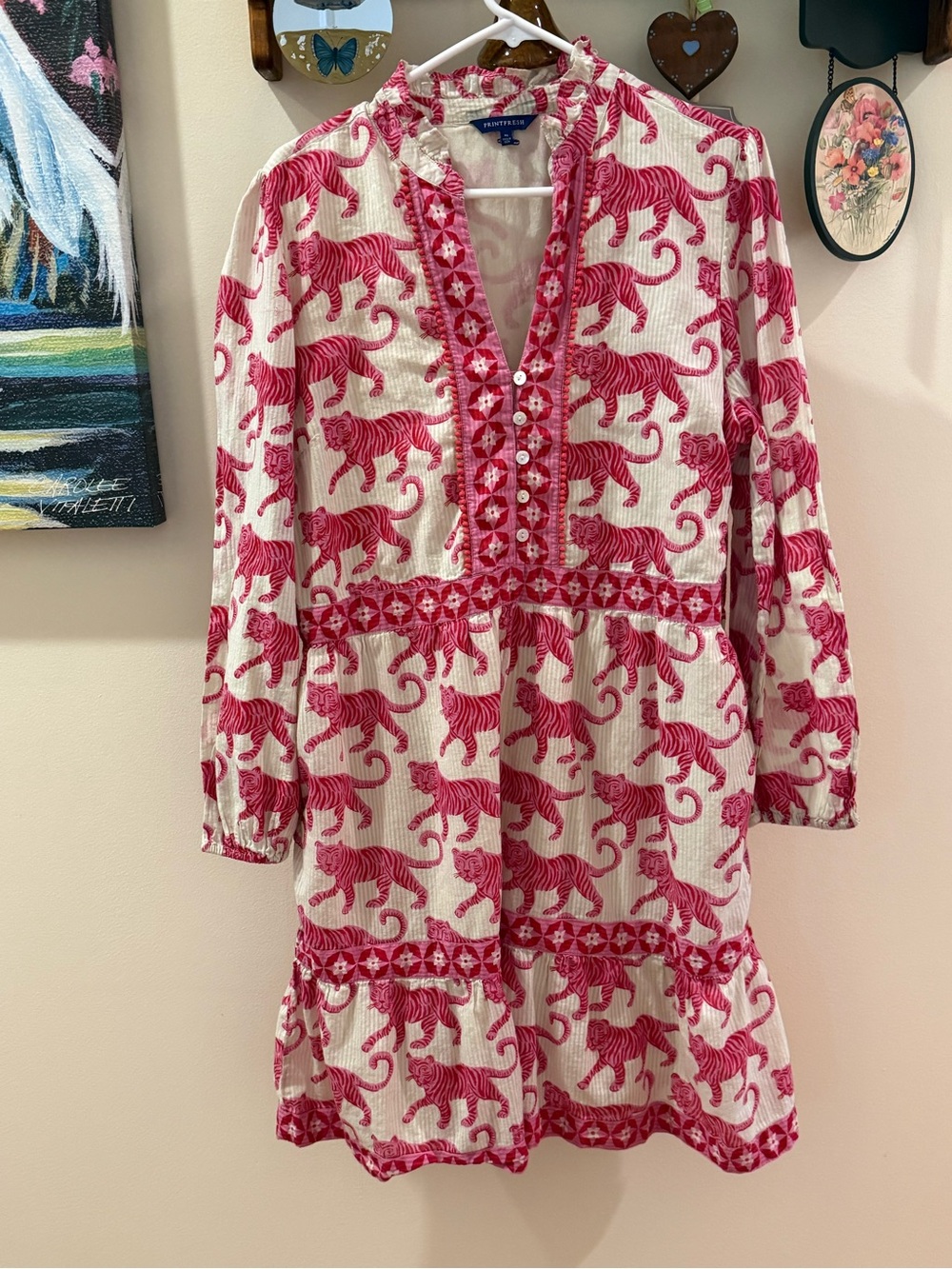Pink LS Tiger Print Long Sleeve Smock  Dress XL